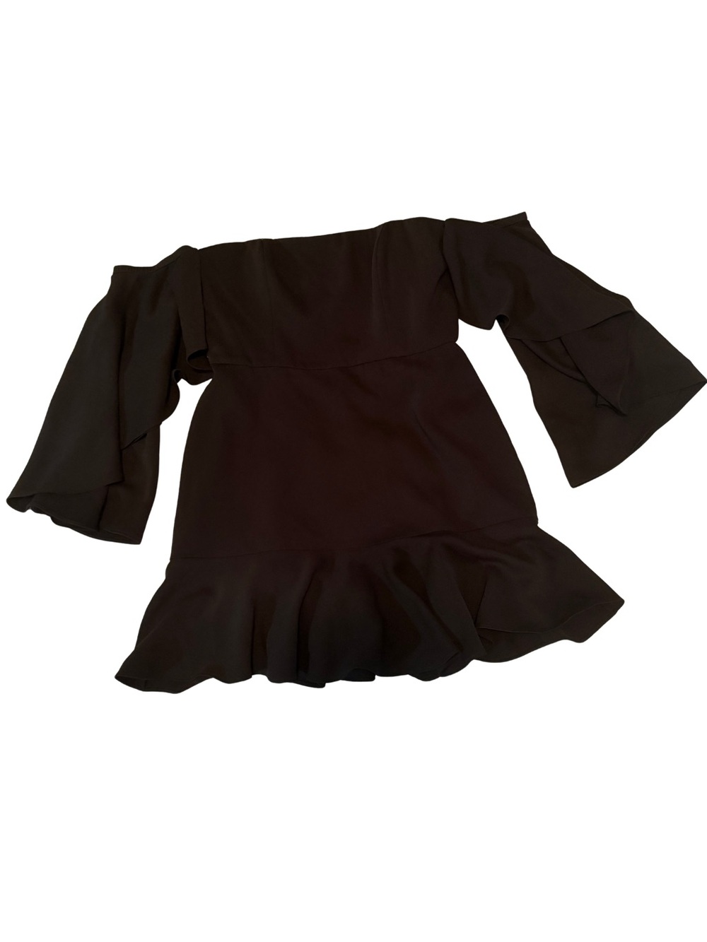 BCBGMAXAZRIA Off-Shoulder Bell Sleeve Peplum Hem Mini Dress Black Size 10